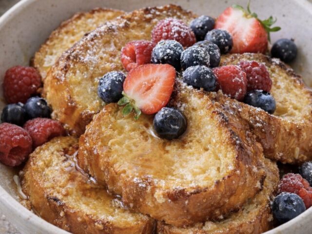 Brioche French toast topped with fresh berries and powdered sugar in a bowl