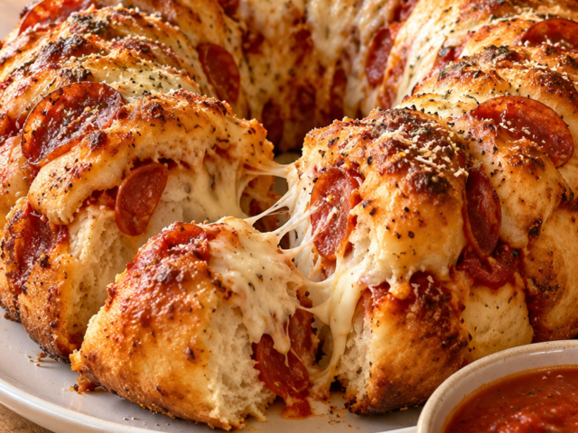 Golden pull-apart pizza bread ring with melted mozzarella and pepperoni, served with a bowl of pizza sauce