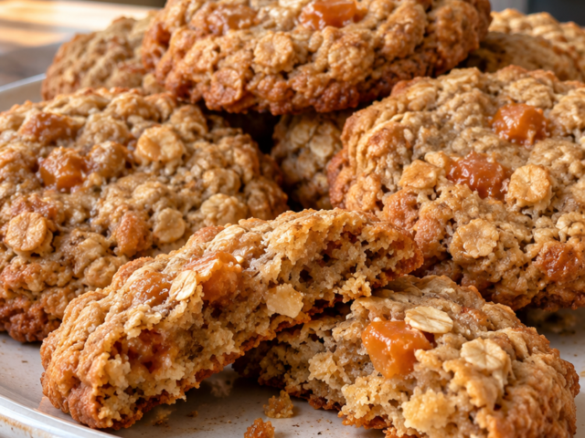 Chewy oatmeal toffee cookies on a plate, one broken in half