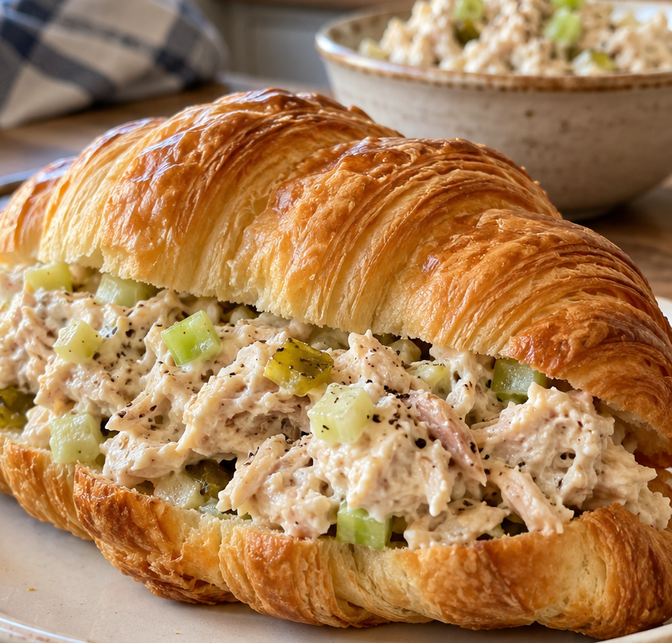 Creamy chicken salad with diced celery piled onto split buttery croissants