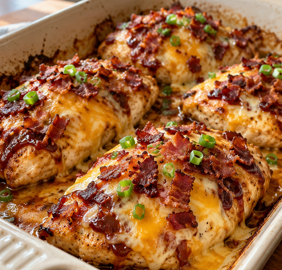 Baked chicken breasts topped with BBQ sauce, melted Monterey Jack cheese, crumbled bacon, and chopped green onions