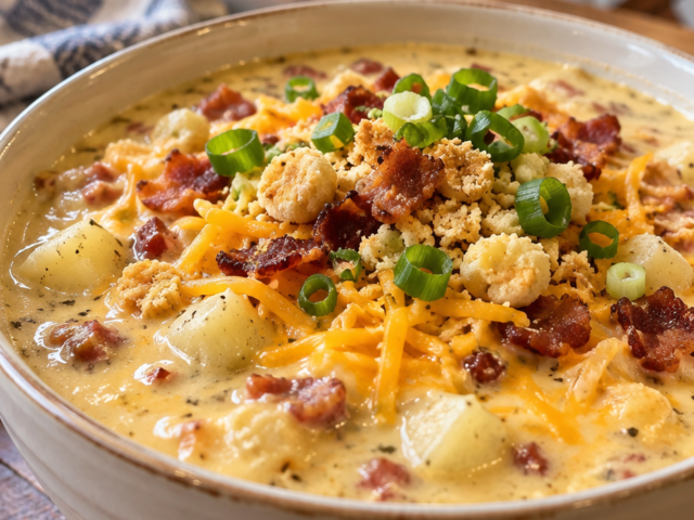Bowl of creamy potato soup topped with shredded cheddar, bacon and green onions