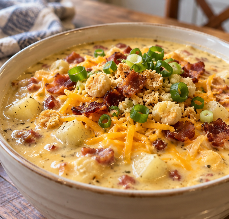 Bowl of creamy potato soup topped with shredded cheddar, bacon and green onions