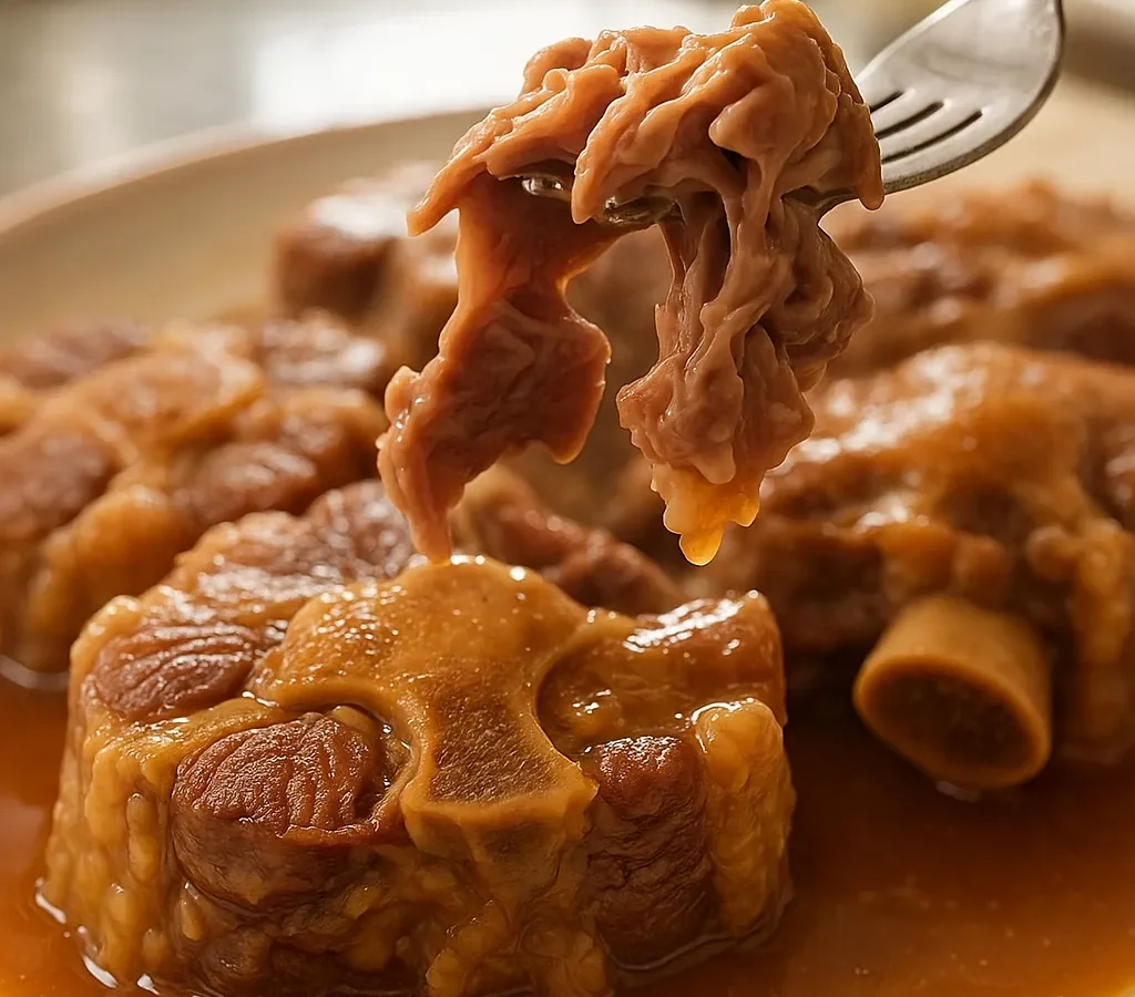Braised beef oxtails in rich brown gravy on a white plate with a fork pulling the meat apart