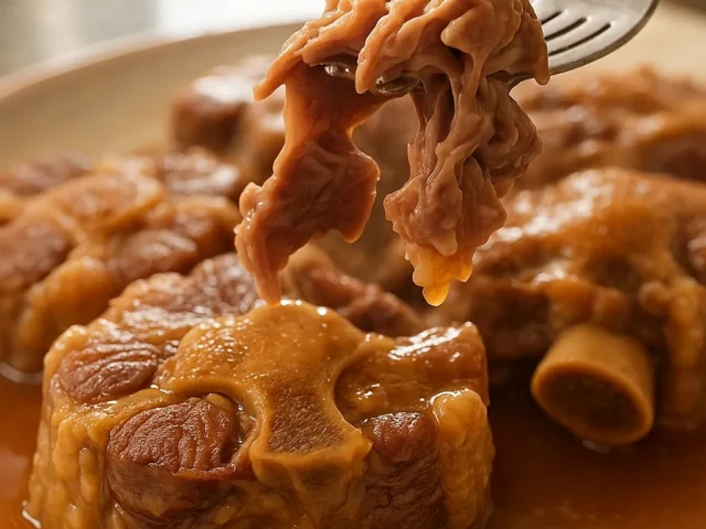 Braised beef oxtails in rich brown gravy on a white plate with a fork pulling the meat apart