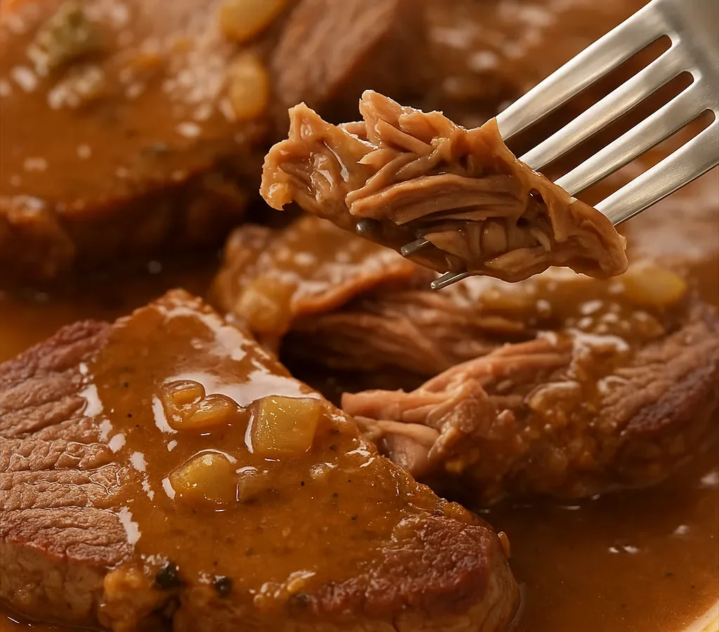 Slow cooker country steaks covered in brown gravy on a plate with a fork