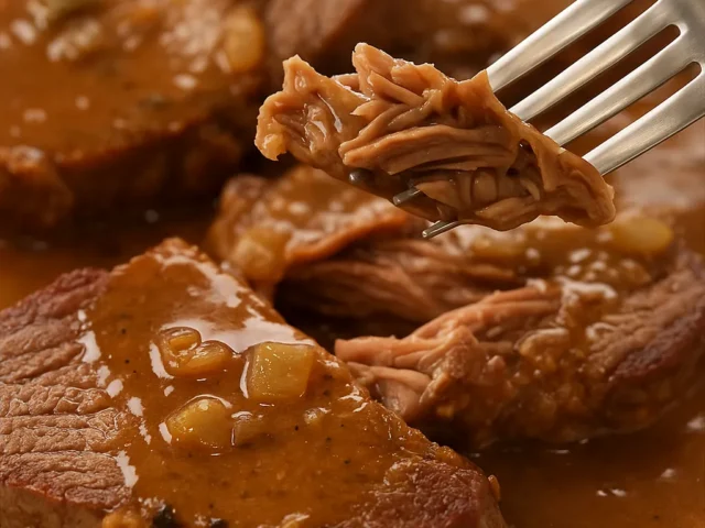 Slow cooker country steaks covered in brown gravy on a plate with a fork