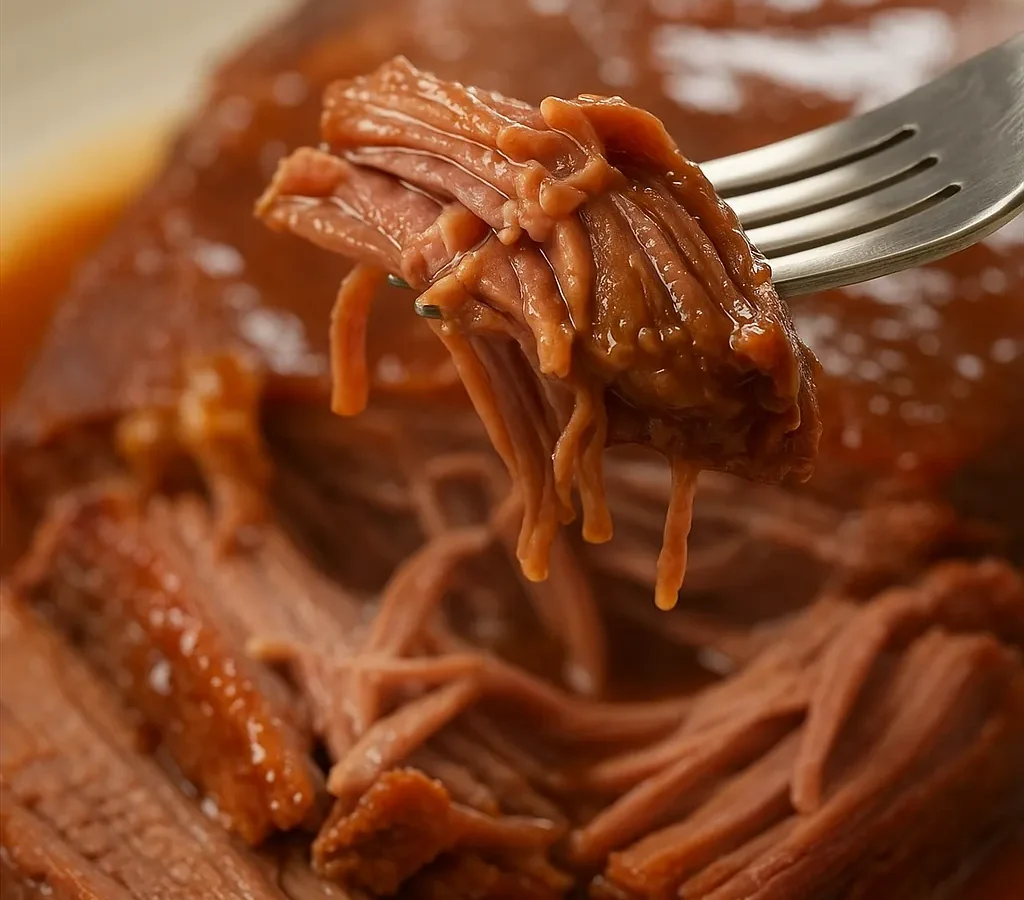 Shredded BBQ brisket in glossy sauce on a plate with a fork