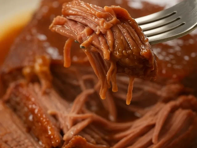 Shredded BBQ brisket in glossy sauce on a plate with a fork
