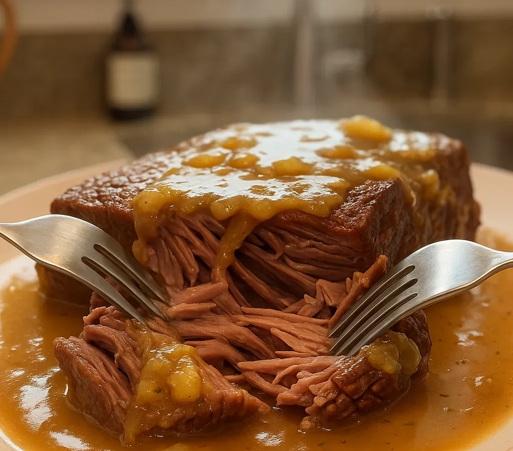 Amish pot roast being pulled apart with two forks in a pool of gravy