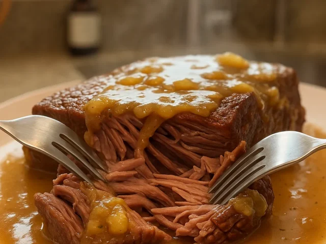 Amish pot roast being pulled apart with two forks in a pool of gravy