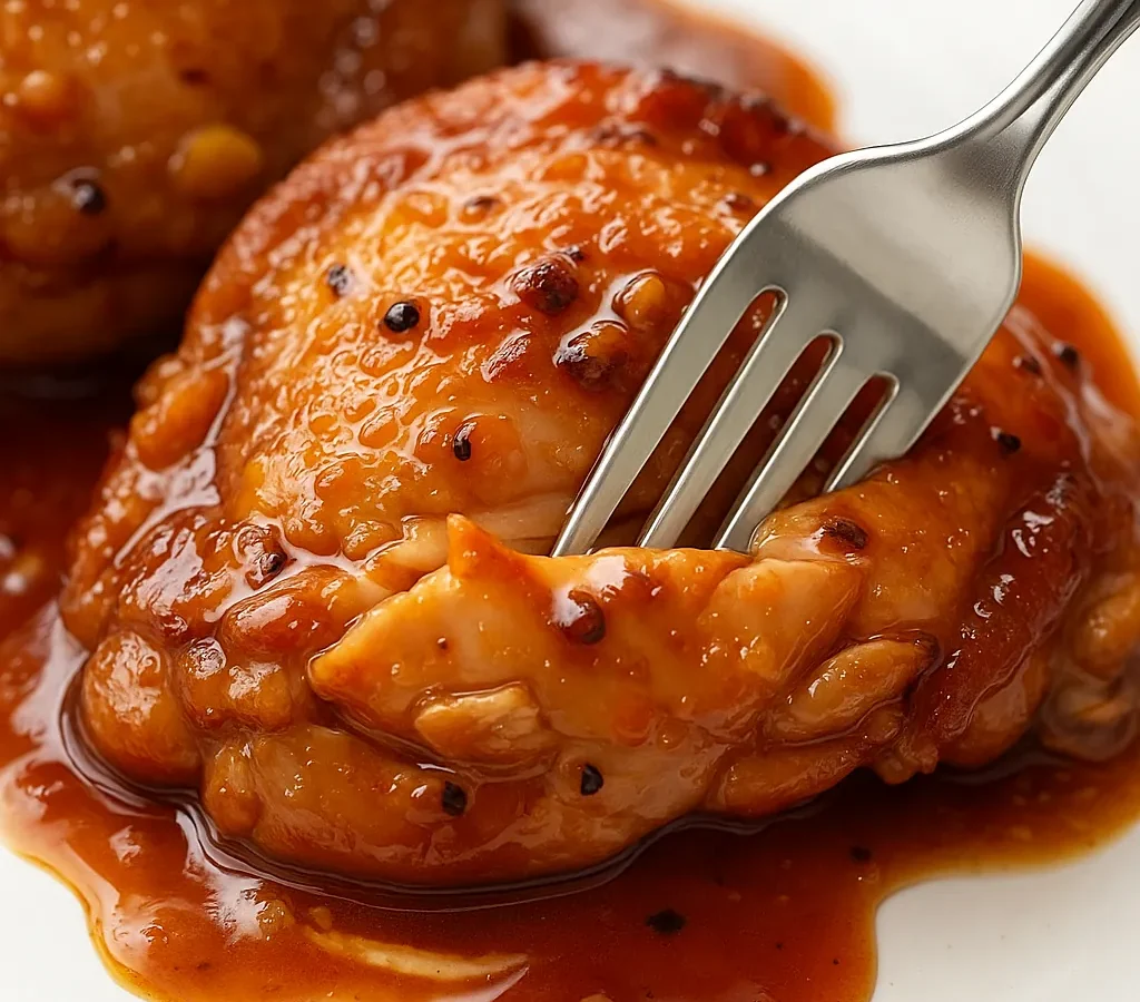 Honey garlic chicken thighs with sticky glaze on a white plate
