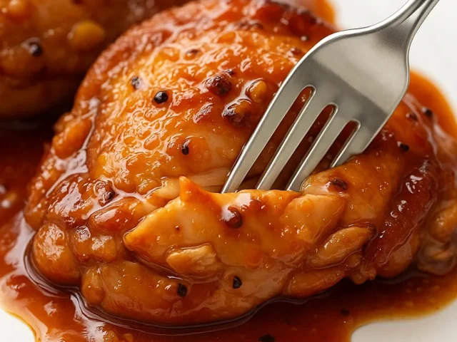 Honey garlic chicken thighs with sticky glaze on a white plate