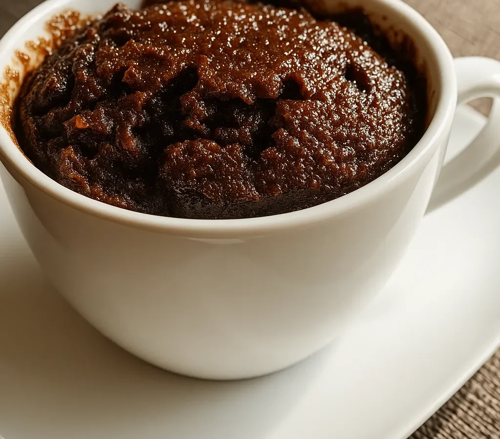 Chocolate mug brownie in a white cup on a saucer
