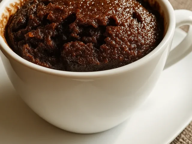 Chocolate mug brownie in a white cup on a saucer