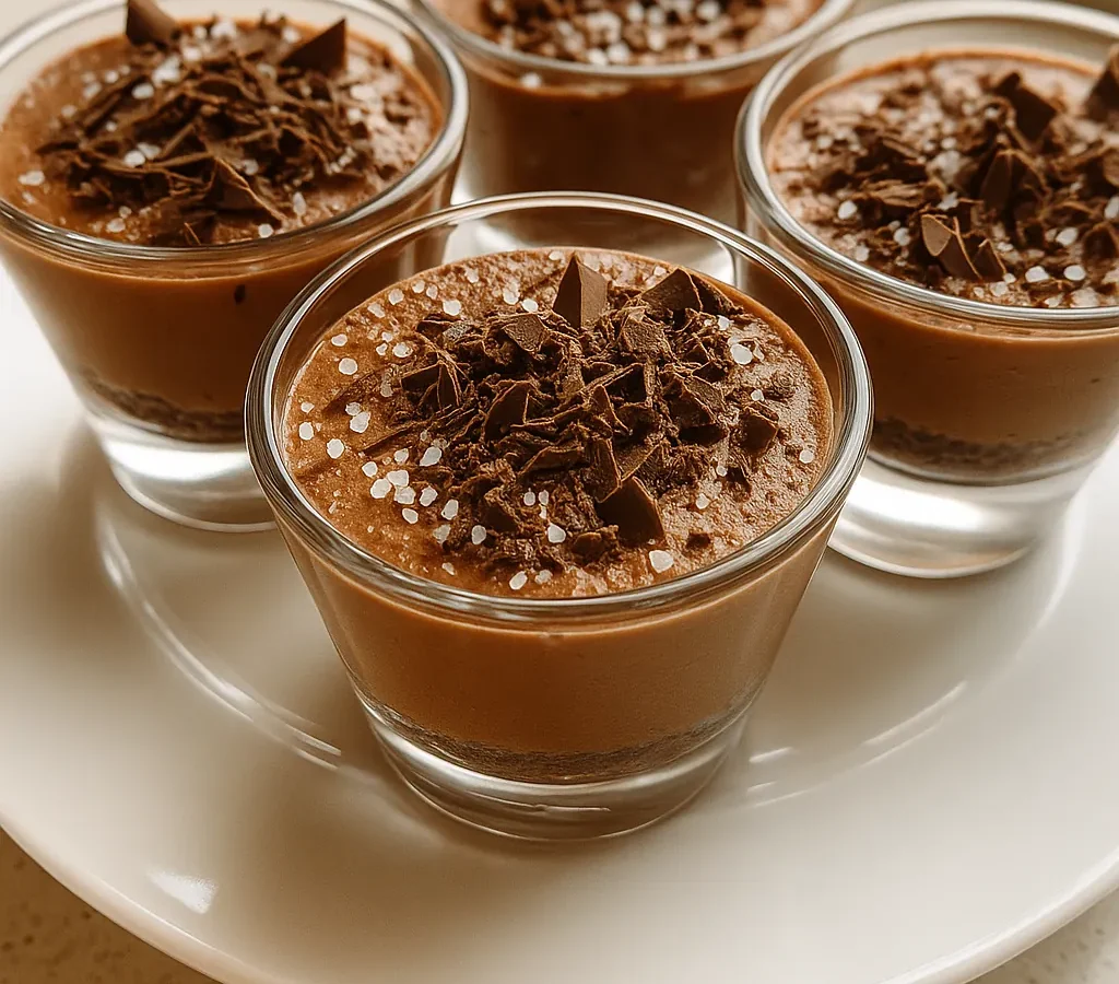 Small glasses of chocolate mousse topped with chocolate shavings