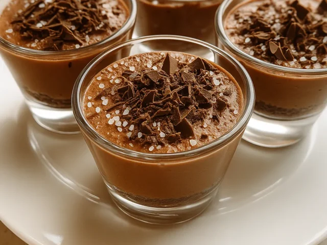 Small glasses of chocolate mousse topped with chocolate shavings