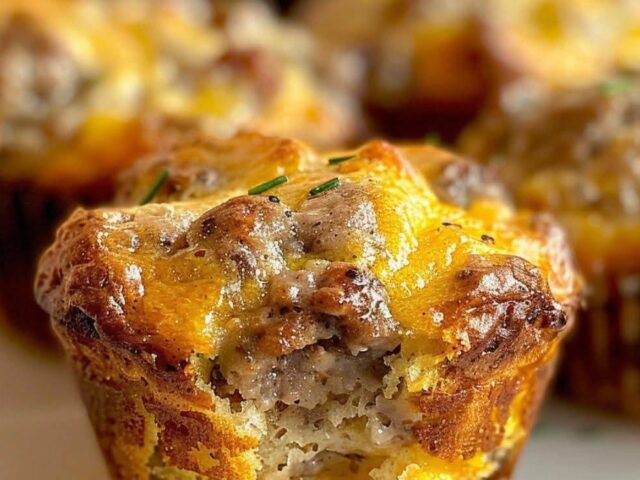 Close-up of a golden sausage and cheese breakfast muffin with a bite taken out