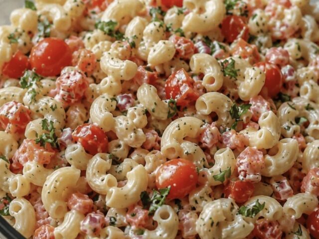 Creamy Amish macaroni salad with diced red pepper in a glass bowl
