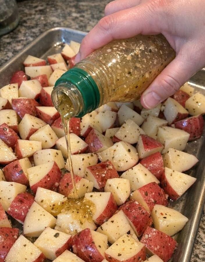 Cubed red potatoes on a sheet pan with Italian dressing being poured over them