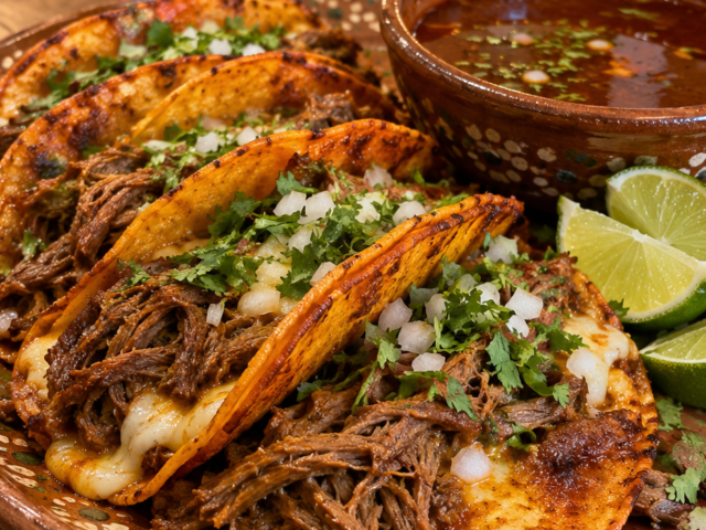 Crispy corn tortilla tacos with shredded beef, onion, and cilantro, served with lime wedges and a bowl of red broth