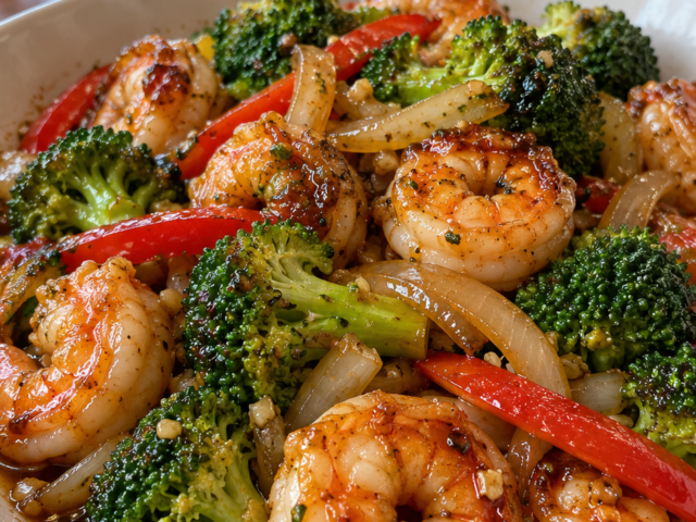 Honey garlic shrimp stir-fry with broccoli, red bell pepper and onion in a white bowl