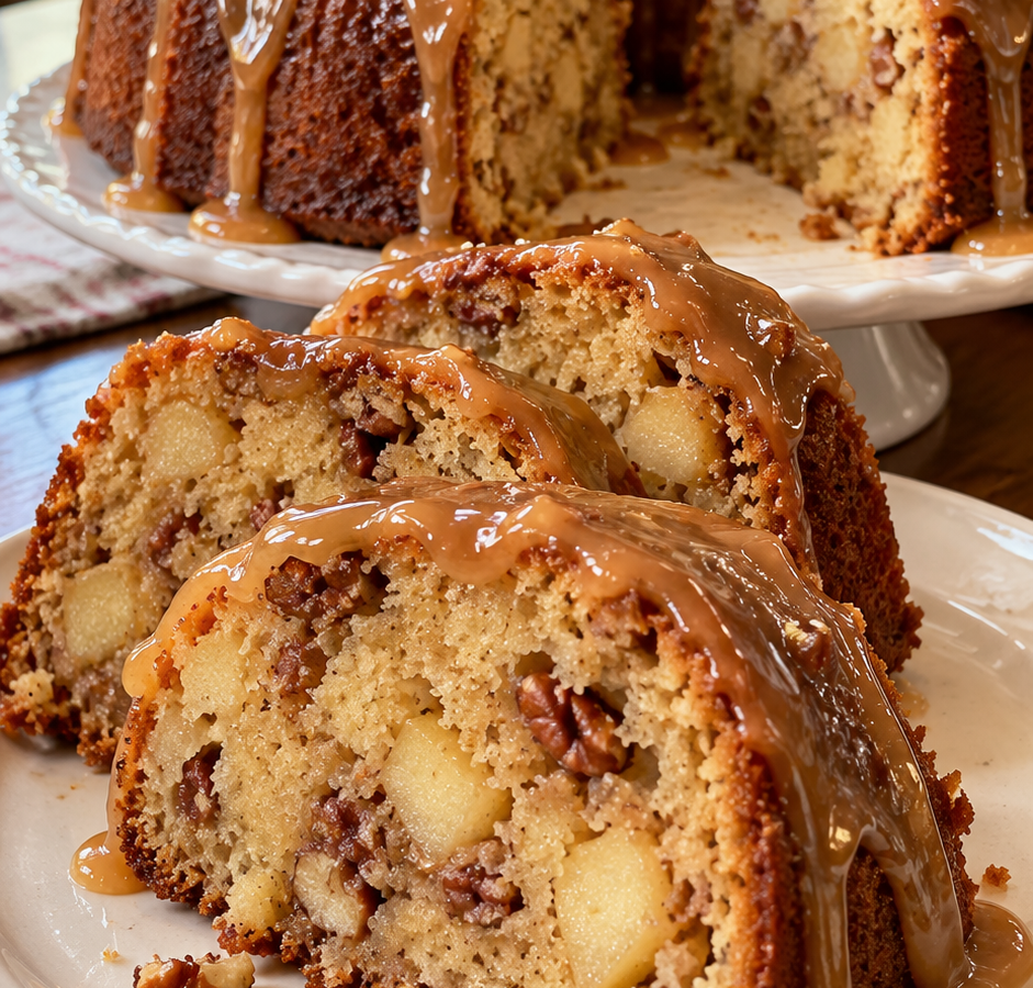 Apple pecan bundt cake with caramel glaze, sliced to show apple and pecan pieces