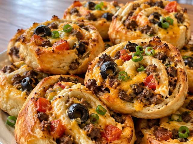 Baked crescent taco pinwheels with seasoned beef, melted cheddar and black olives on a plate