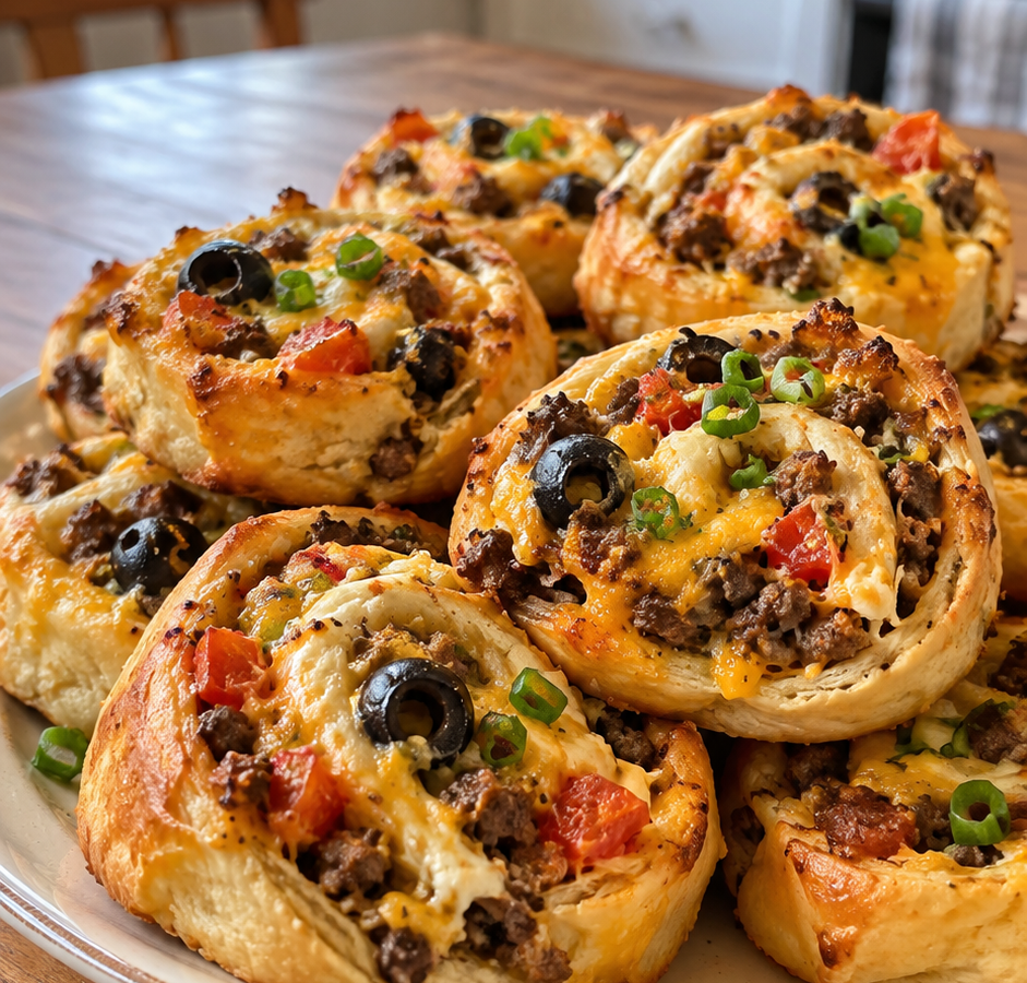 Baked crescent taco pinwheels with seasoned beef, melted cheddar and black olives on a plate