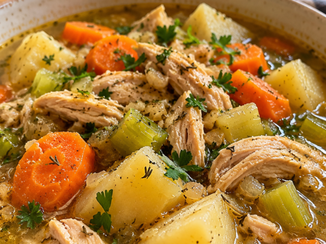 Bowl of chicken vegetable stew with shredded chicken, potatoes, carrots, and celery in broth, garnished with fresh herbs