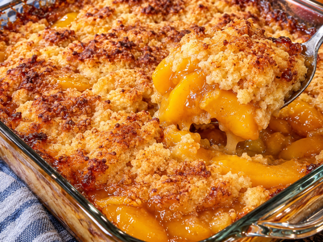 Peach dump cake with a golden crumbly topping in a glass baking dish
