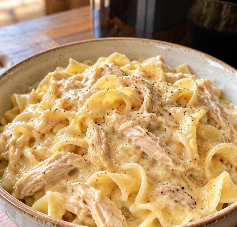 Bowl of creamy shredded chicken and wide egg noodles in a rich white sauce