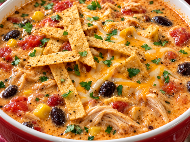 Creamy chicken tortilla soup with tortilla strips, black beans, corn and cheese in a red bowl