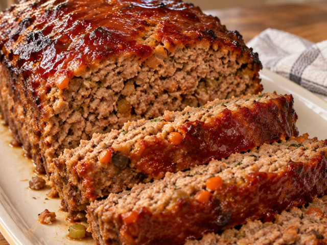 Sliced homemade meatloaf with a glossy tomato glaze on a white platter